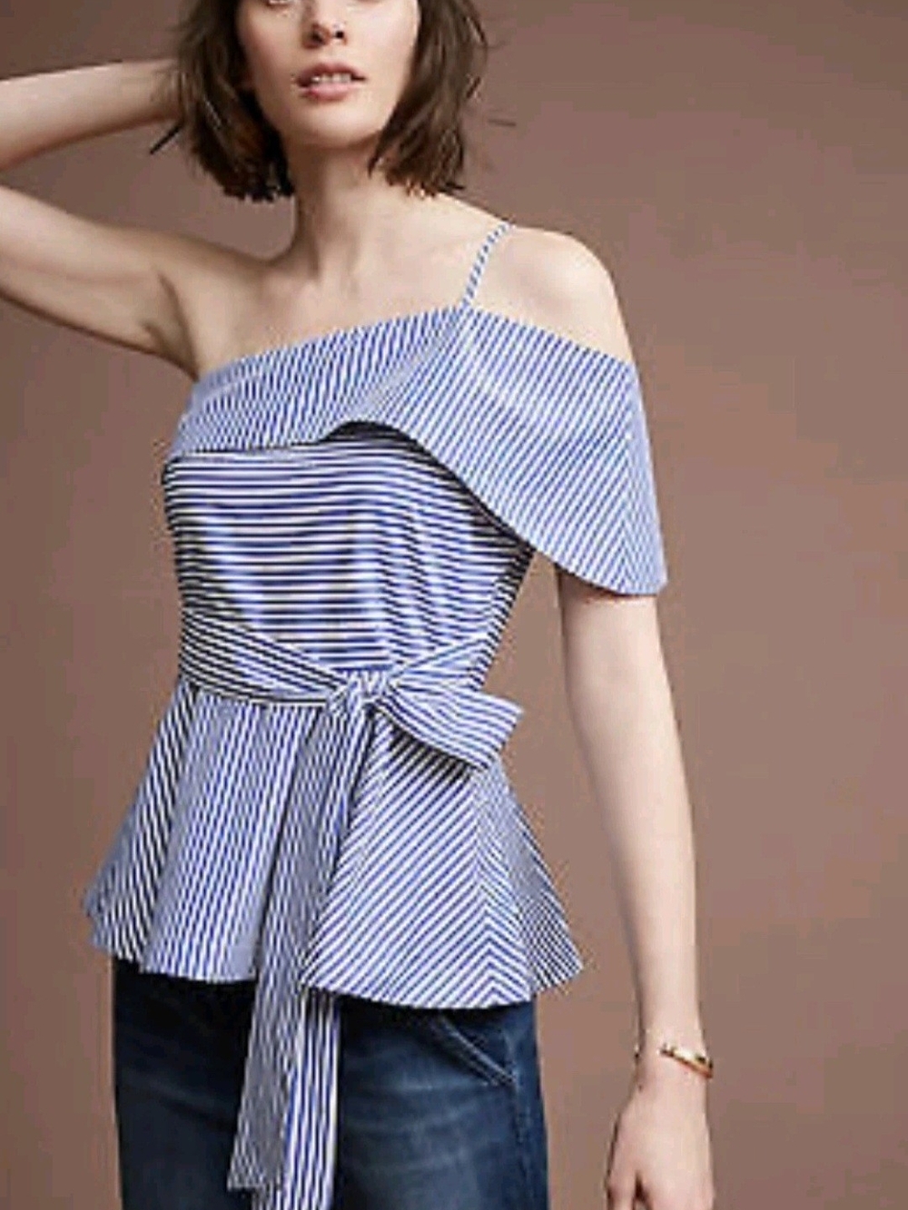 Maeve By Anthropologie Blue and White Striped One-Shoulder Peplum Top